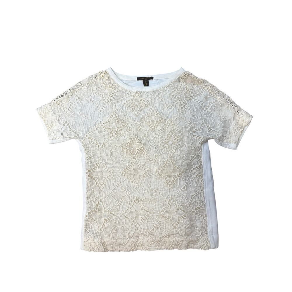 Louis Vuitton VTG Cream Lace Monogram Logo T-Shirt Top 34 FR (XS)Made in Italy